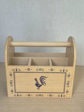 Vintage Kamenstein Light Wood Blue Rooster Motif Napkin Silverware Utensil Caddy